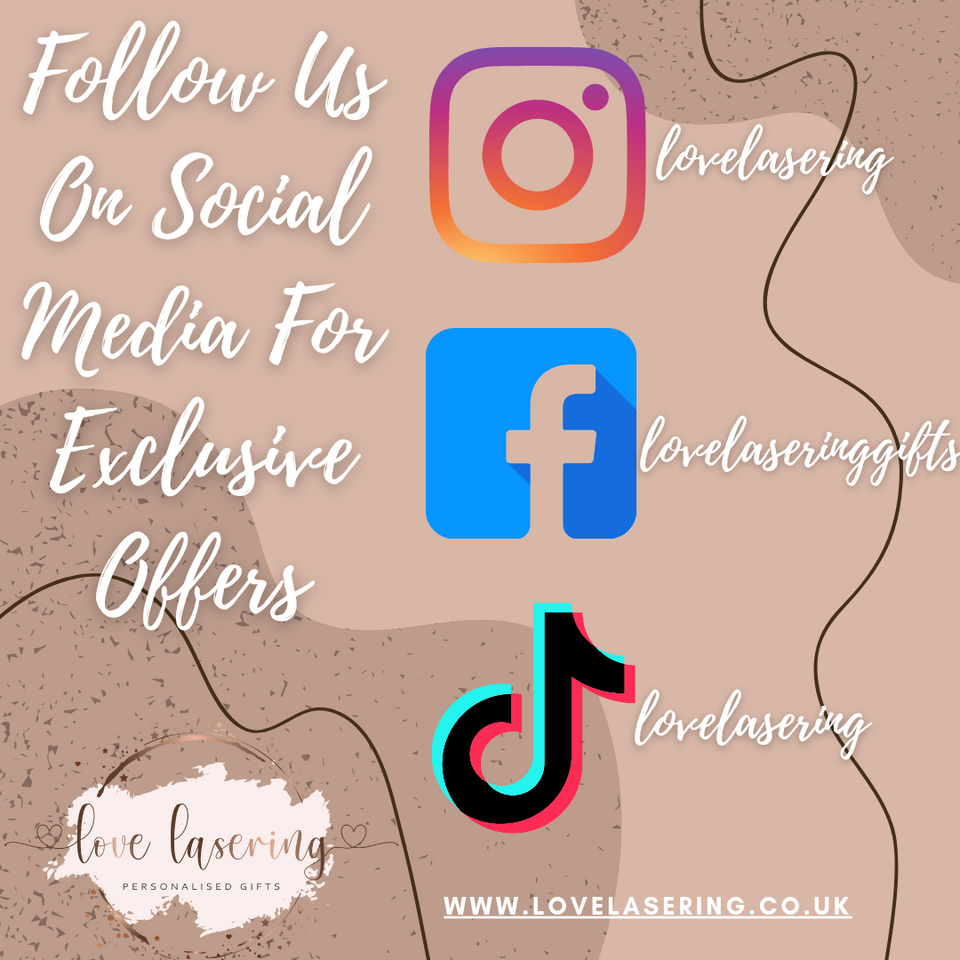 love Lasering social media links, Facebook, Instagram, tik-tok, personalised gifts, special offers, discount codes, wooden photo card